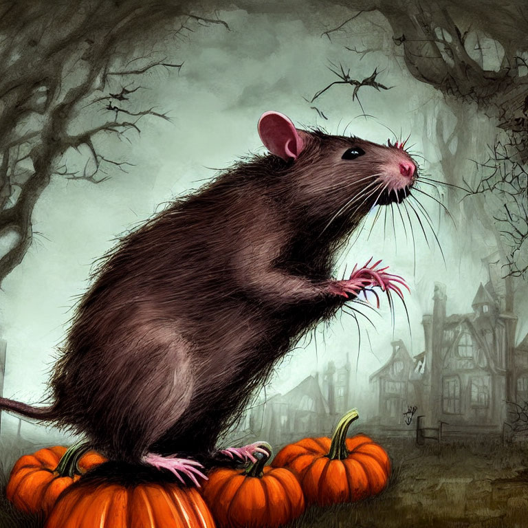 Detailed Illustration: Rat on Pumpkins with Spooky Village & Barren Trees