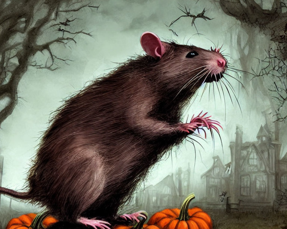 Detailed Illustration: Rat on Pumpkins with Spooky Village & Barren Trees