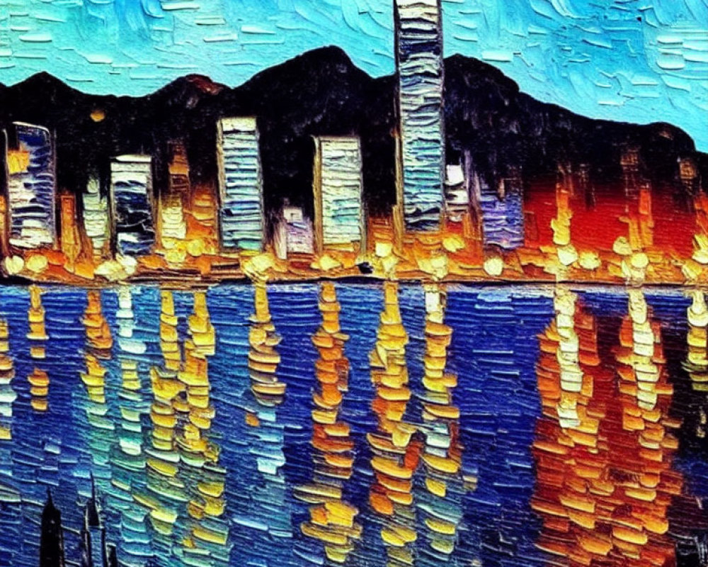 Vivid Impressionist City Skyline Reflection Painting at Night