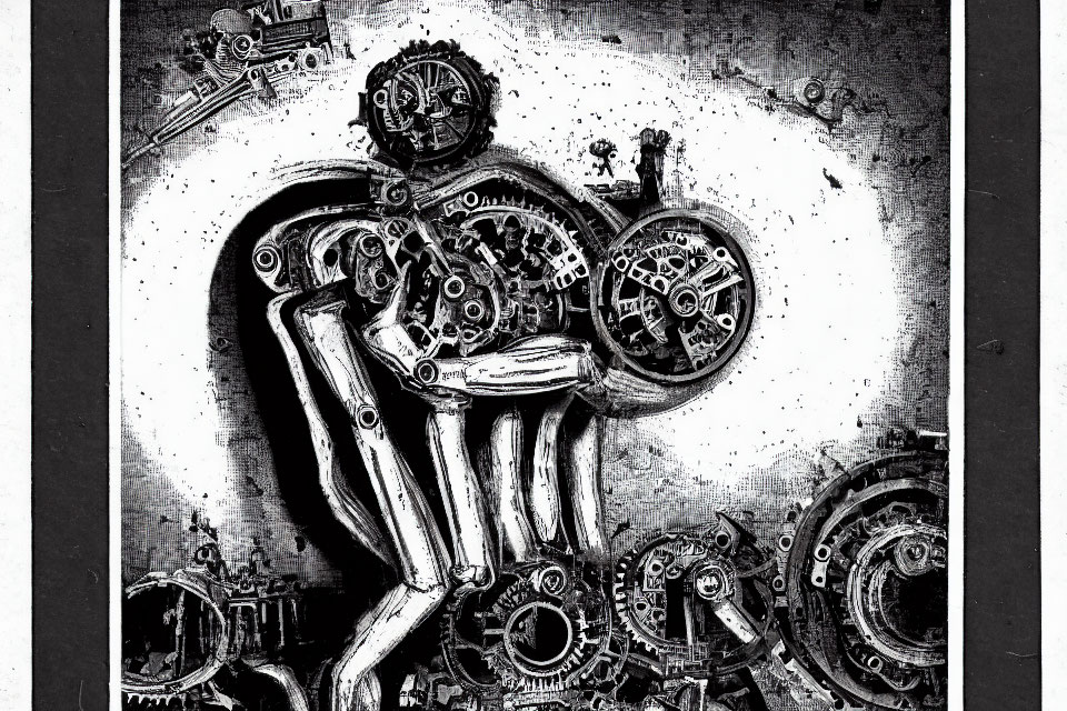 Abstract monochrome artwork of human figure made of gears and mechanical parts among cogs