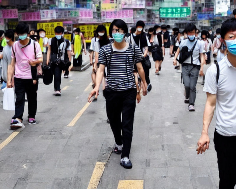 Group of people in masks walking on city street