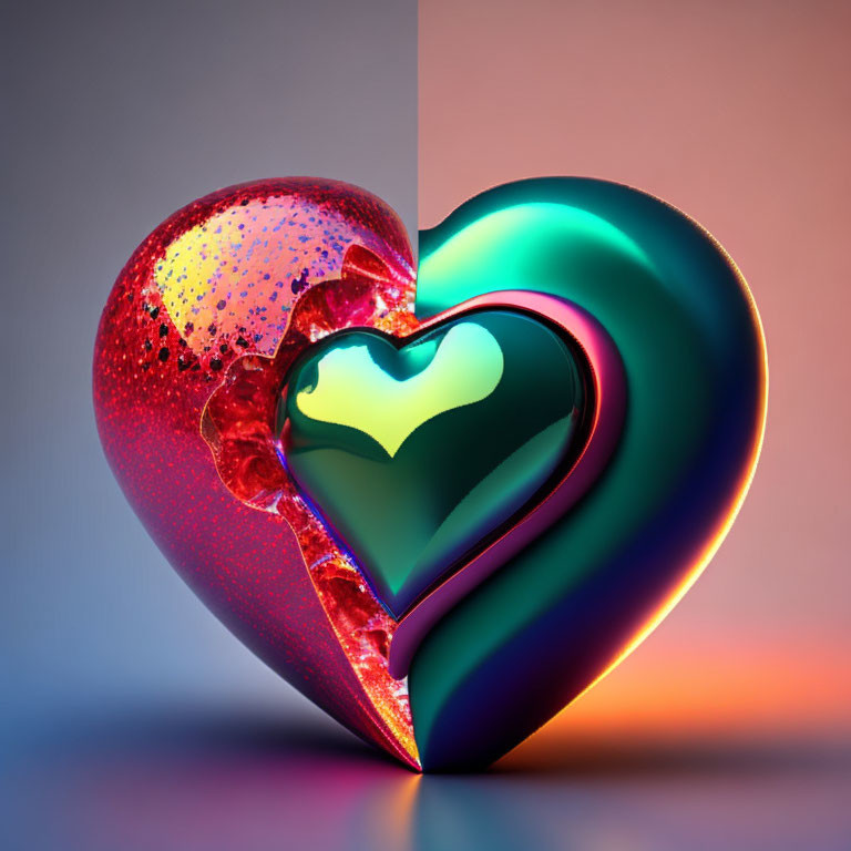 Digital art: Two intertwined hearts, red glittery and teal glossy, enclosing a smaller heart.