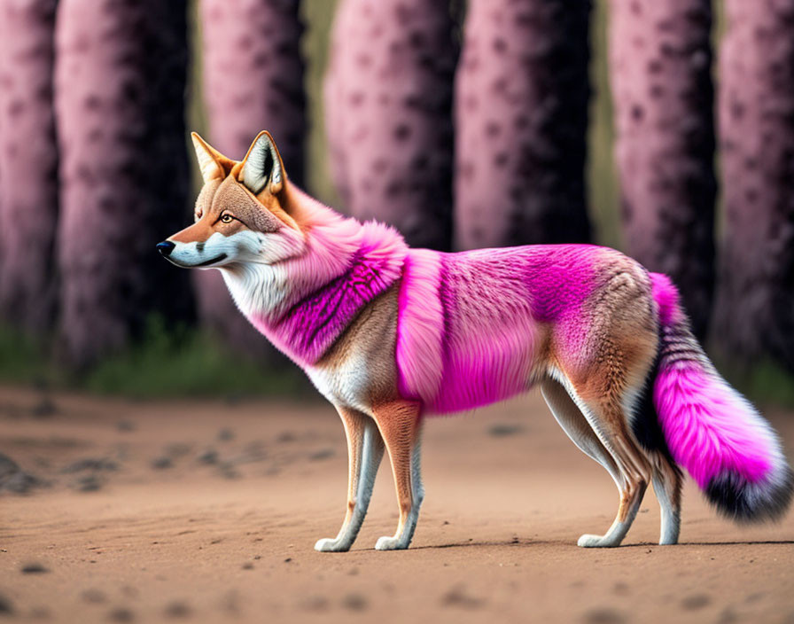 Vibrant pink and purple fox in forest setting