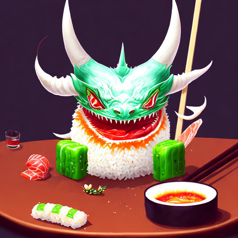 Dragon rice ball surrounded by sushi, sashimi, chopsticks, and sauce.