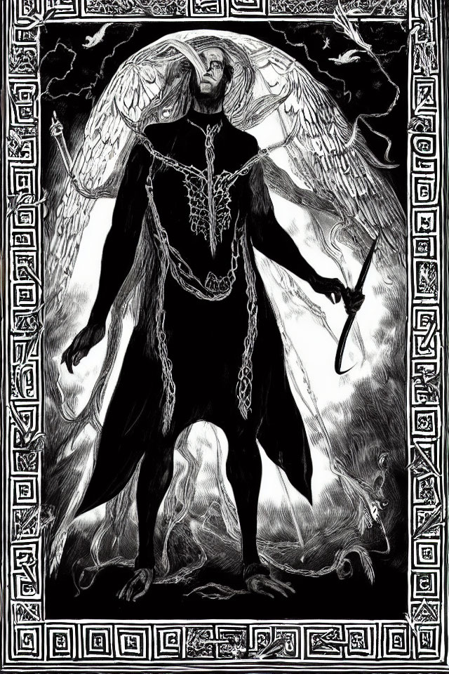 Monochromatic illustration of majestic winged figure in dark robes with sword and intricate patterns against detailed border