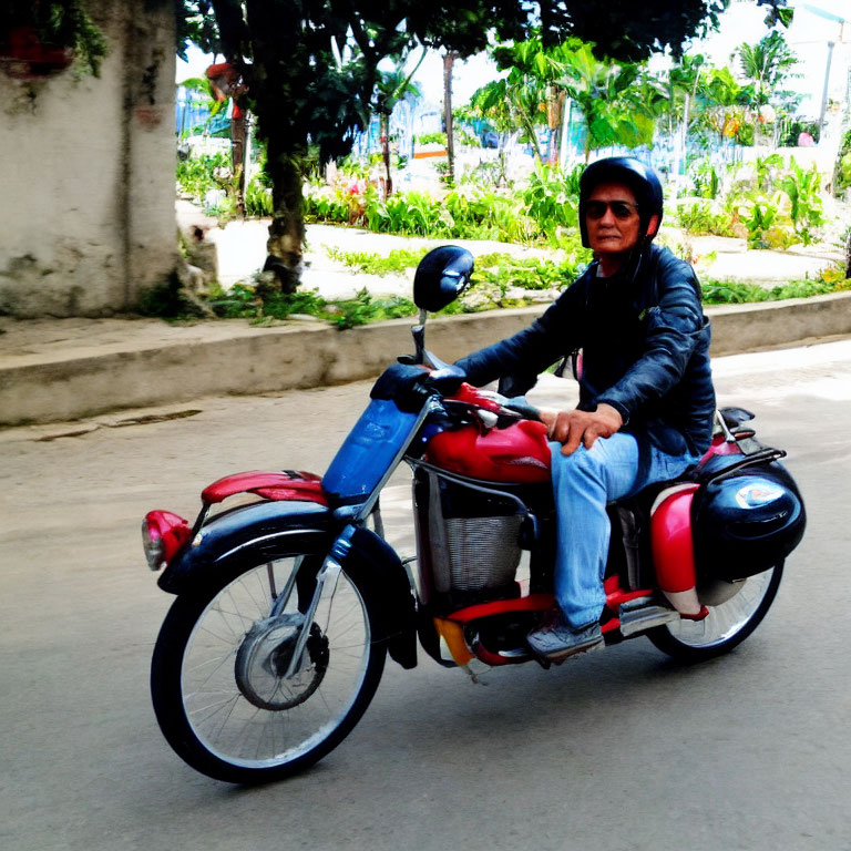 Motorcyclist in helmet and sunglasses rides red and blue bike on paved road