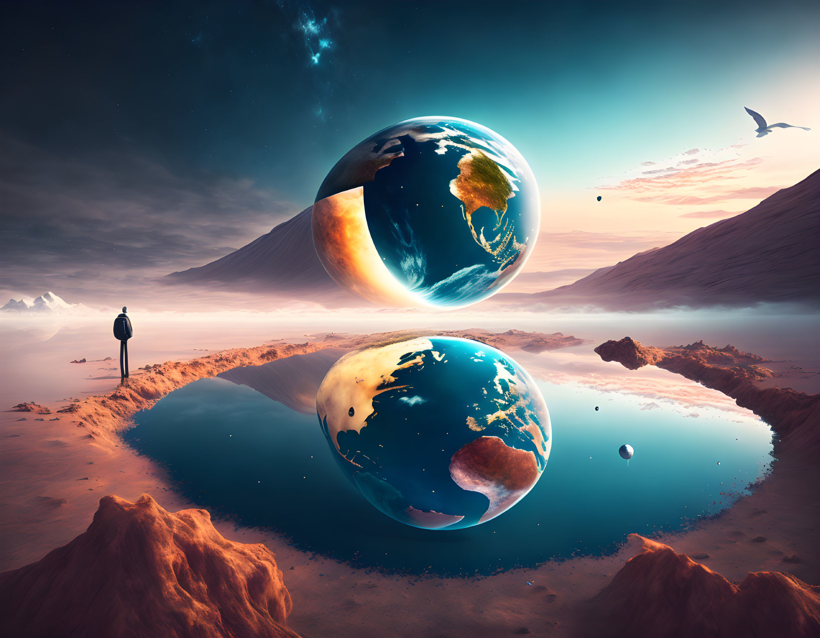 Surreal landscape with person, lake, levitating Earths, starry sky, and bird