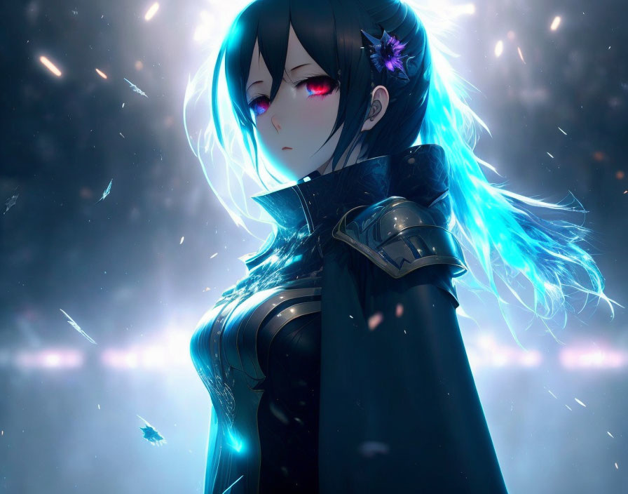 Anime character with blue hair and pink eyes in armor surrounded by glowing particles at night