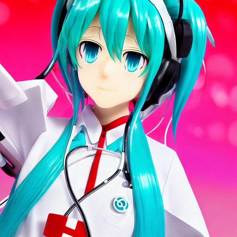 Vibrant teal-haired animated character in lab coat with stethoscope on pink background