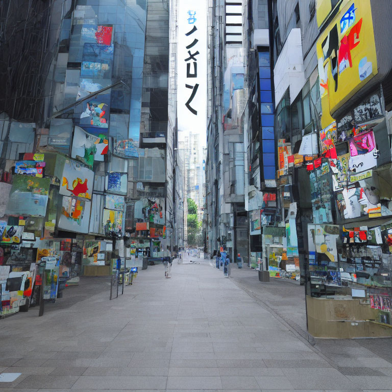 Colorful Billboards and Glass Buildings in Modern City Street