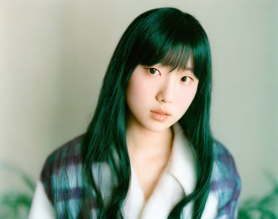 Young woman with green-tinted hair in white and blue plaid garment