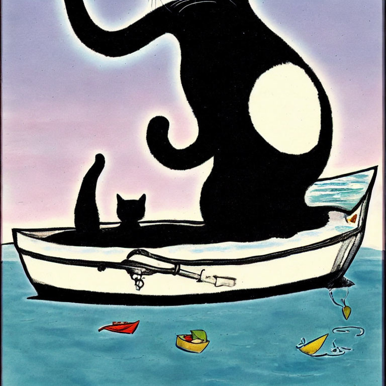 Stylized illustration of large black cat in boat with smaller cat and paper boats on blue water