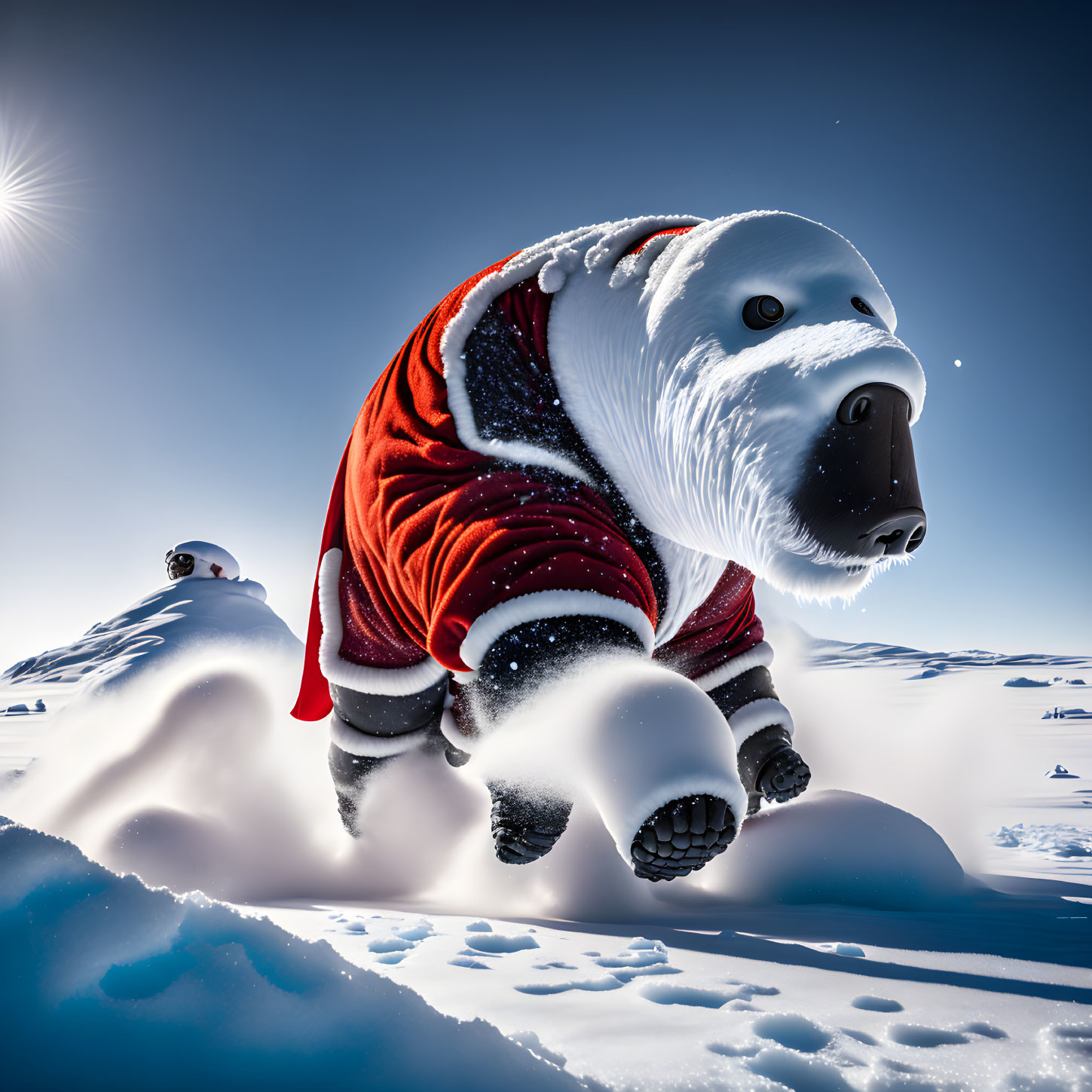 Polar bear in Santa suit crawling on snowy landscape