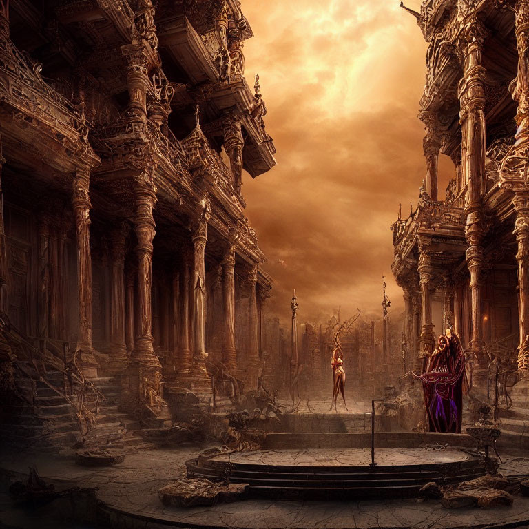 Mystical ruins with ornate columns and cloaked figures