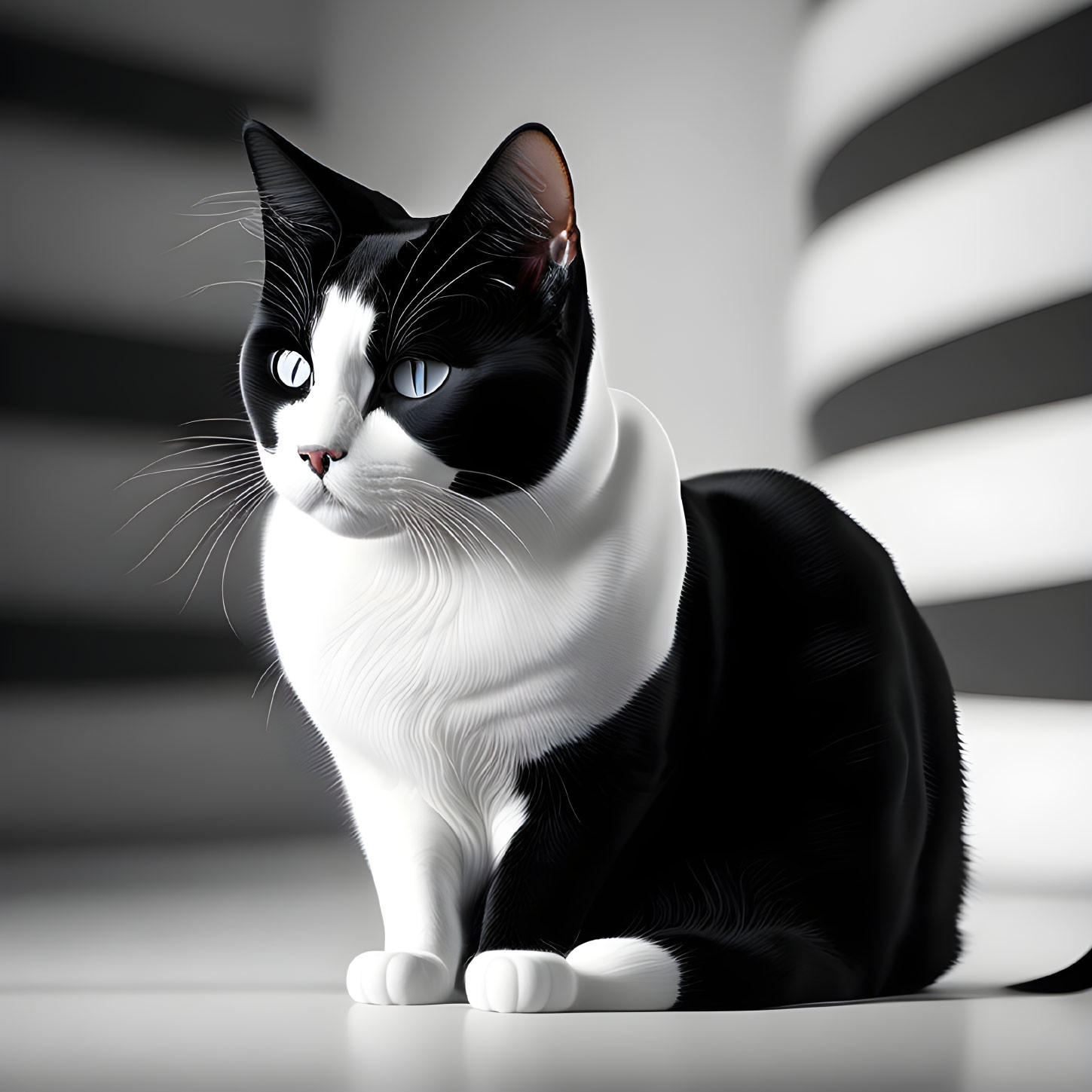 Striking black and white cat against curved shadows