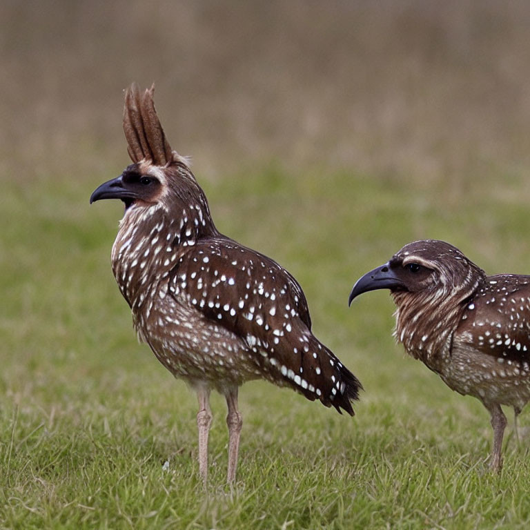 Spotted birds with long crests on grass, one facing left with open beak, the other