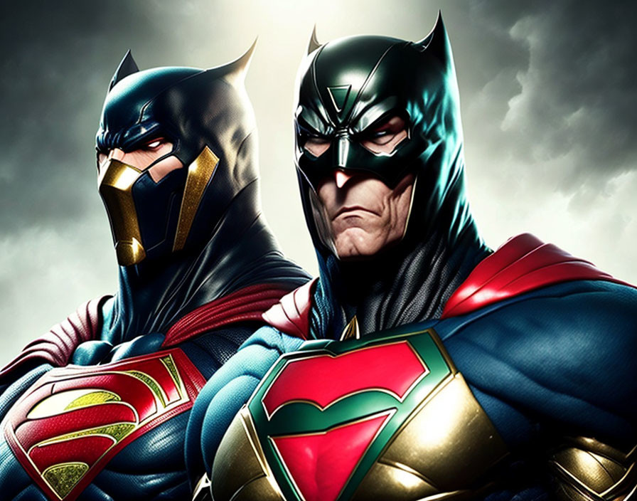 Stylized Batman and Superman characters in superhero costumes against stormy sky