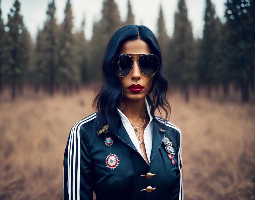 Dark-Haired Woman in Sunglasses Wearing Decorated Black Jacket in Field