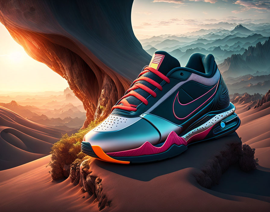 Colorful Sneaker on Sandy Terrain with Mountain and Tree Scene