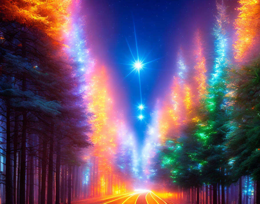 Vibrant illuminated forest road under starry night sky