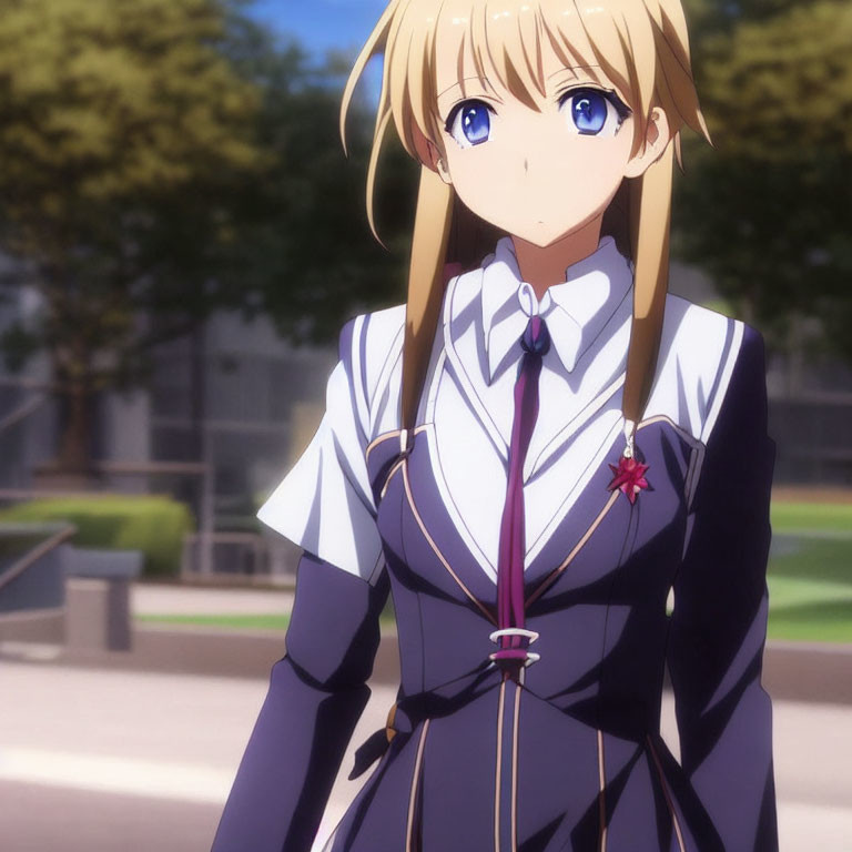 Blonde-Haired Female Character in Blue and White School Uniform