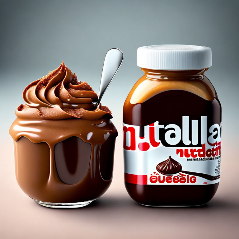 Jar of Nutella beside glass of creamy spread & spoon