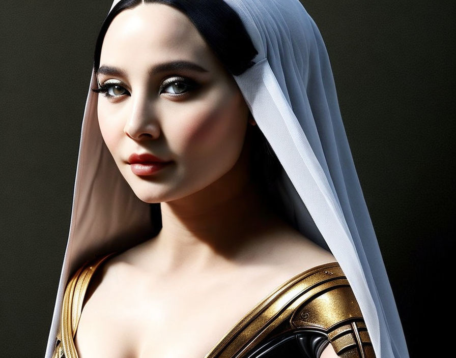 Detailed digital artwork of woman in white veil with armored shoulders