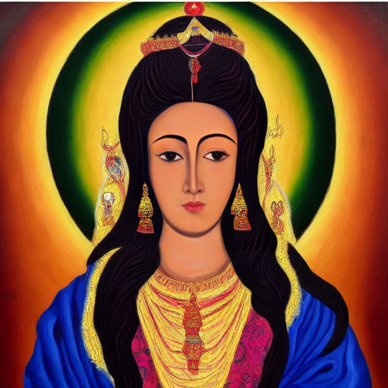 Traditional Eastern Figure with Halo in Ornate Attire on Gradient Background