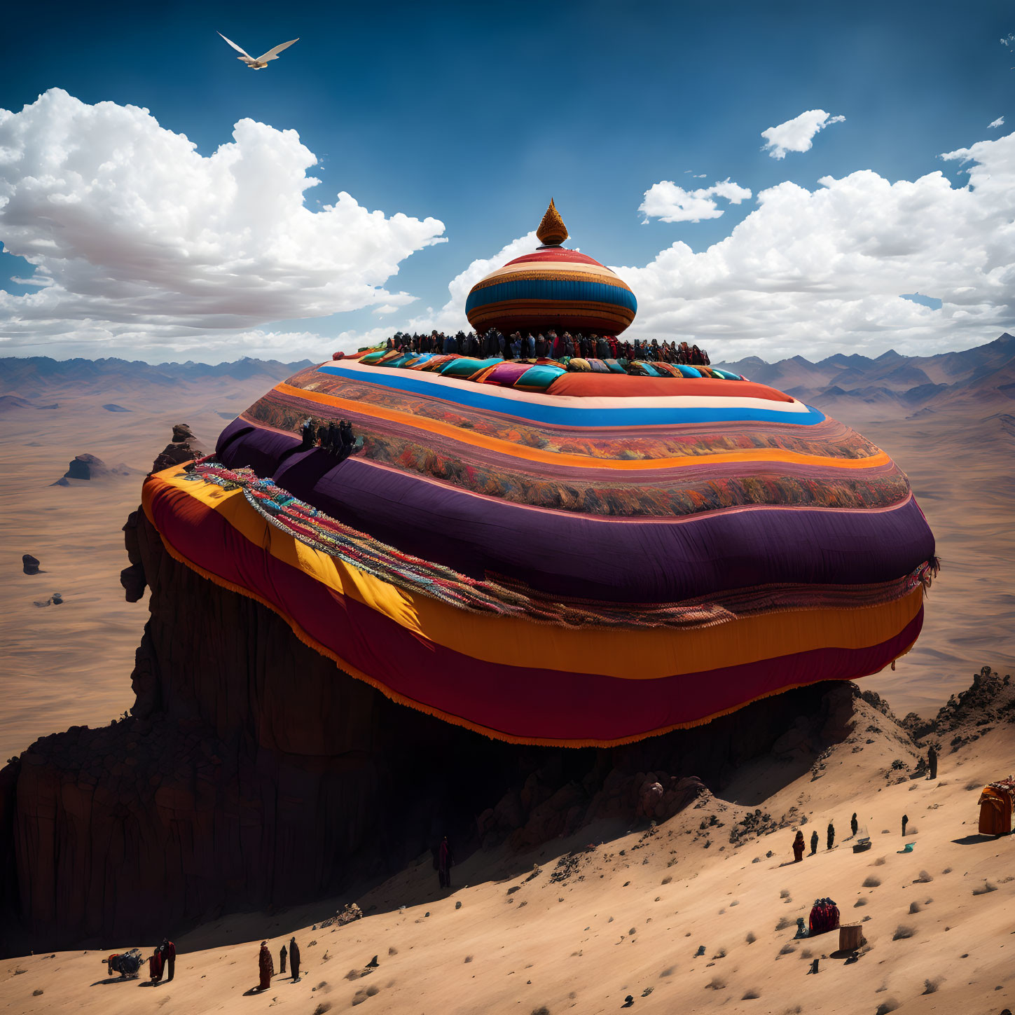 Giant vibrant floating structure over desert landscape