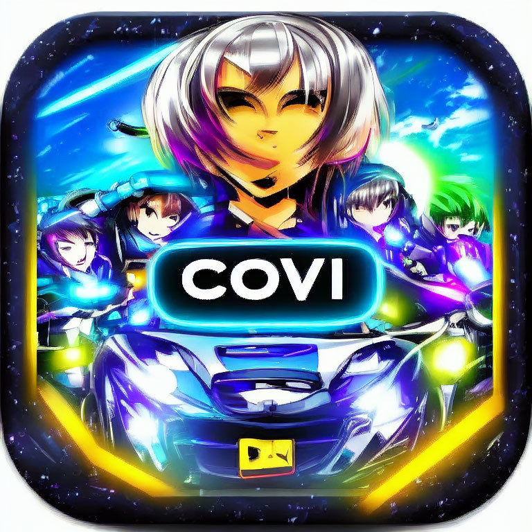 Colorful Stylized Car with Futuristic Characters and "COVI" Text