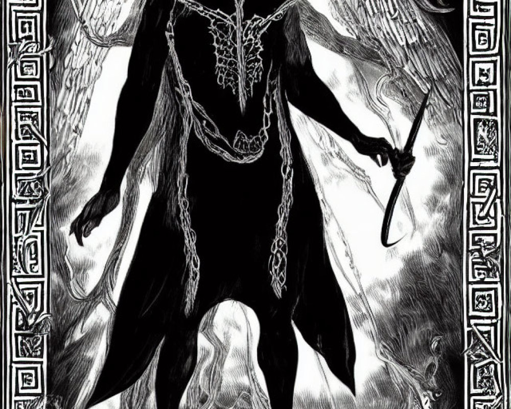 Monochromatic illustration of majestic winged figure in dark robes with sword and intricate patterns against detailed border