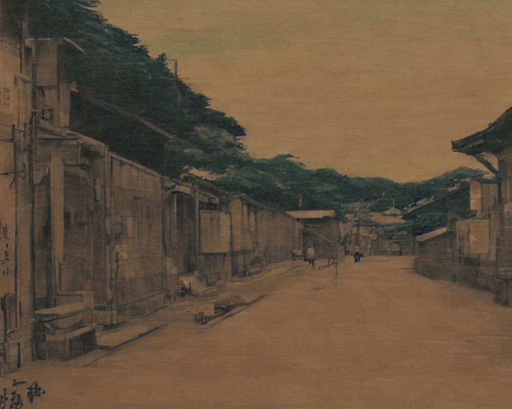 Vintage sepia-toned illustration of traditional houses on an old street with figures, lush trees, and