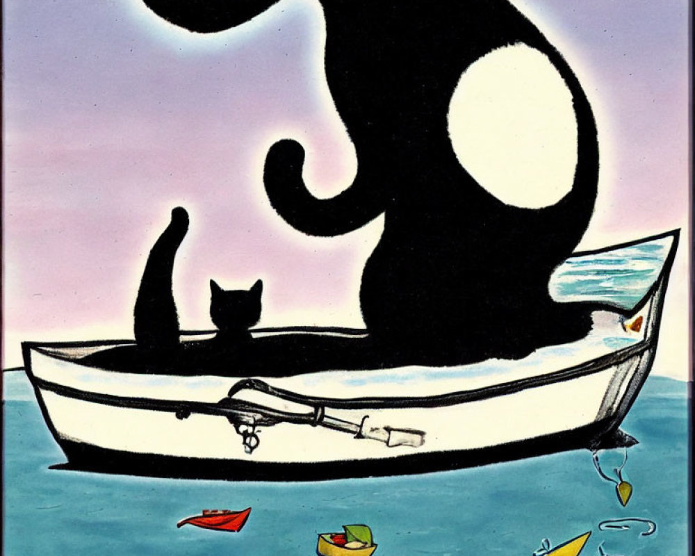 Stylized illustration of large black cat in boat with smaller cat and paper boats on blue water