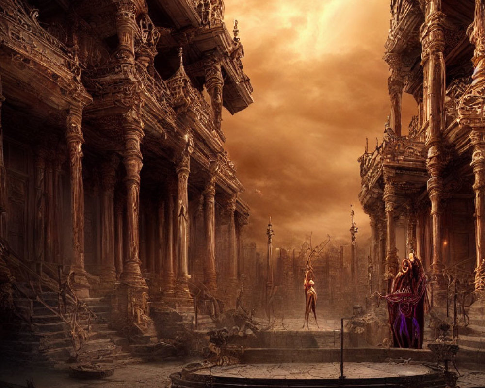 Mystical ruins with ornate columns and cloaked figures