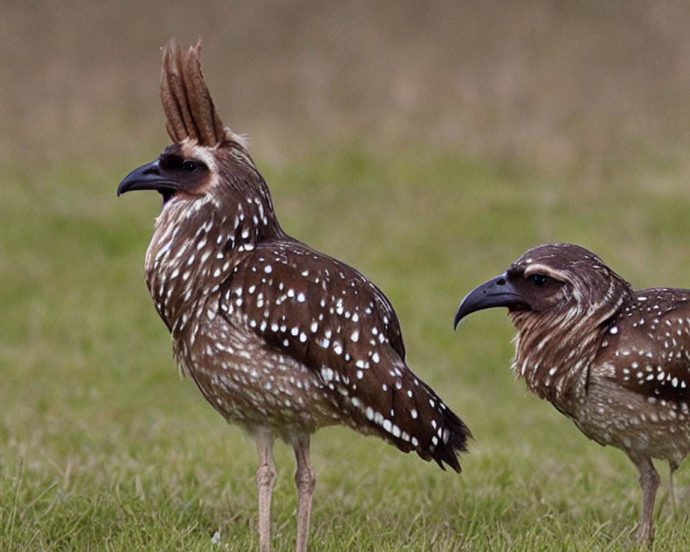 Spotted birds with long crests on grass, one facing left with open beak, the other