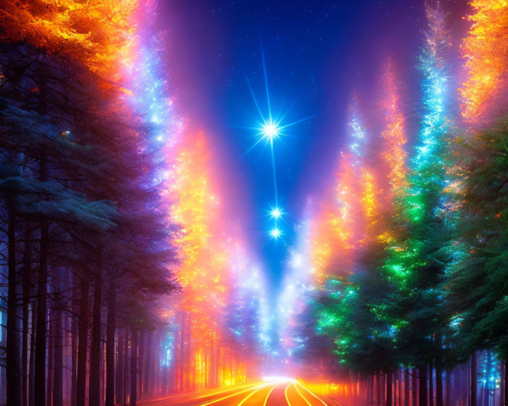 Vibrant illuminated forest road under starry night sky