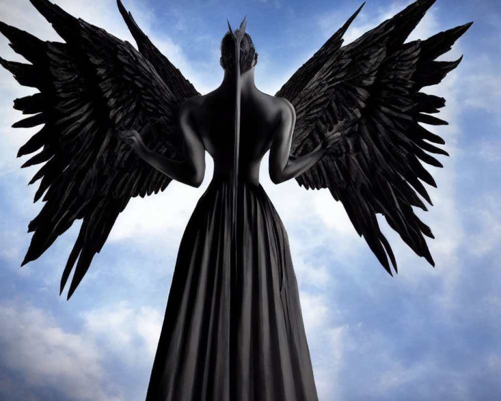 Figure with Large Black Wings in Long Dress Against Cloudy Sky