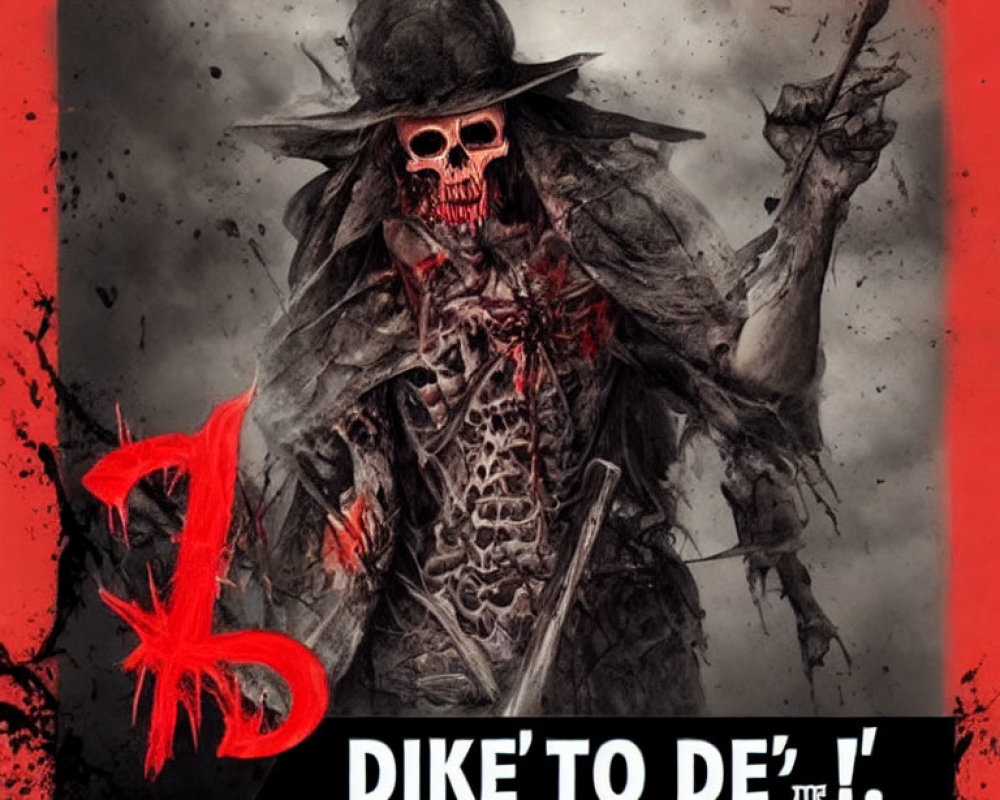 Skeleton in Tattered Clothing with Glowing Red Skull and Japanese Text