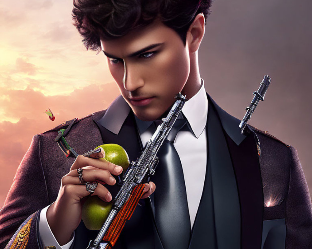 Stylized image of man in suit with sniper rifle and floating apple and bullet.