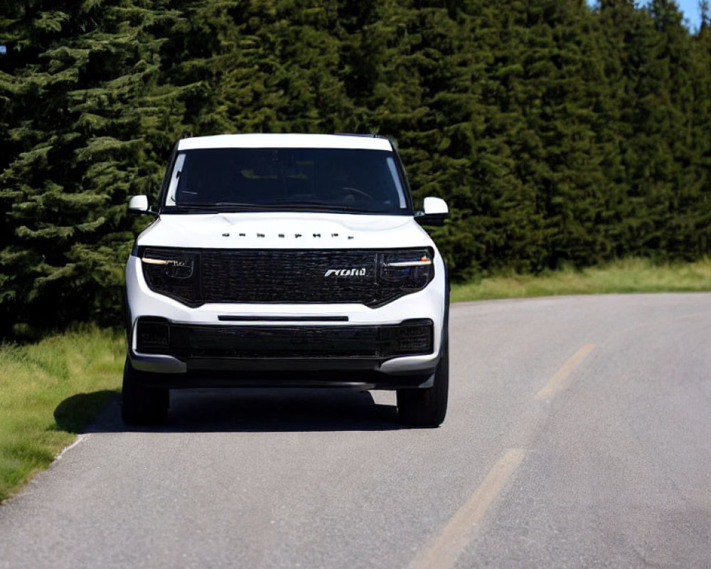 White SUV parked on asphalt road with green trees and clear sky