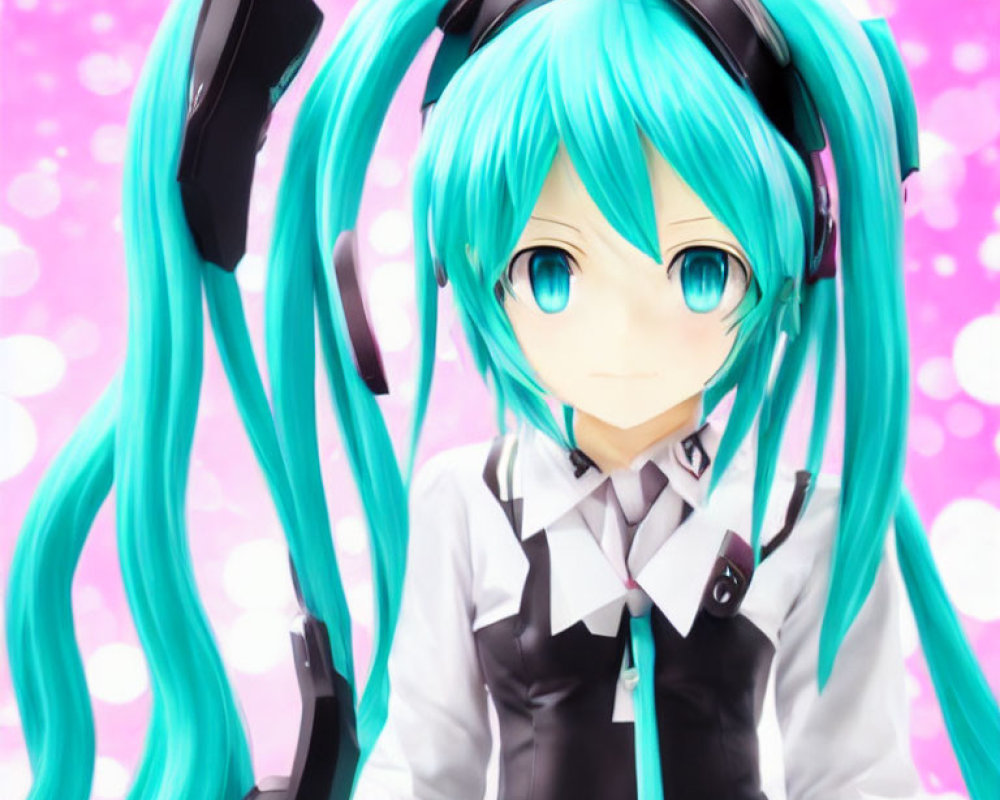 Colorful anime character with turquoise hair and headset in black and white outfit on pink bokeh.