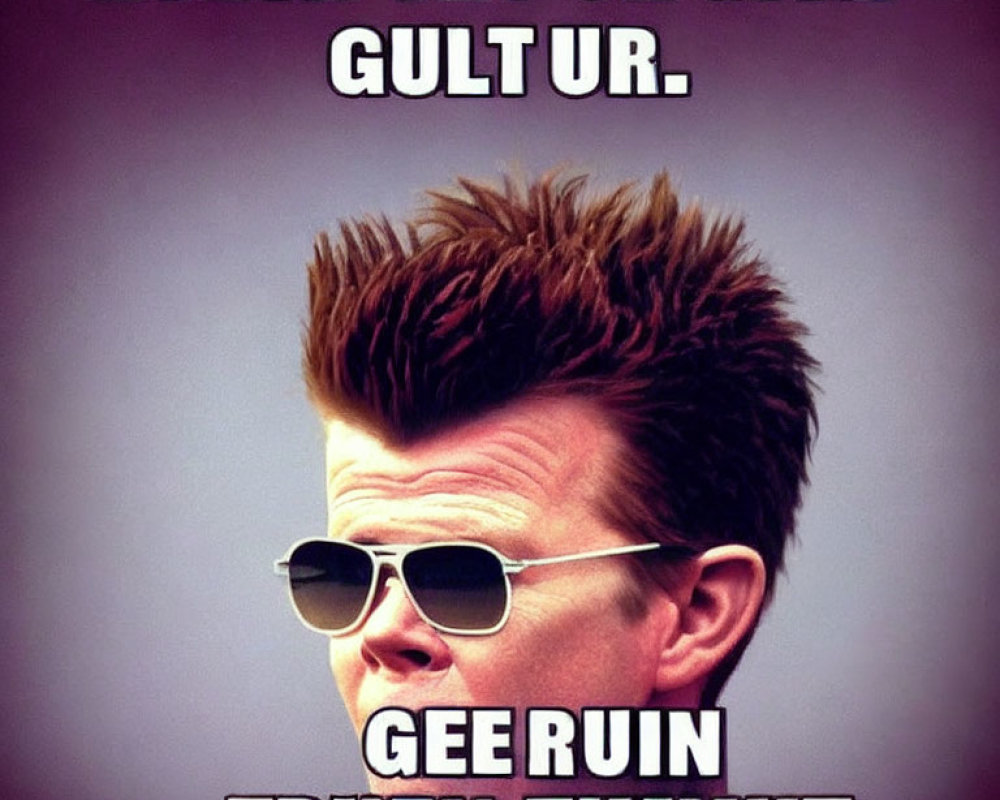 Spiky-haired person with sunglasses and misspelled text overlay.