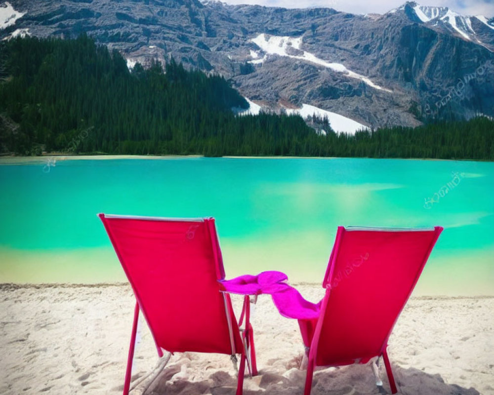 Red beach chairs on sandy shore overlooking turquoise lake and snow-capped mountains