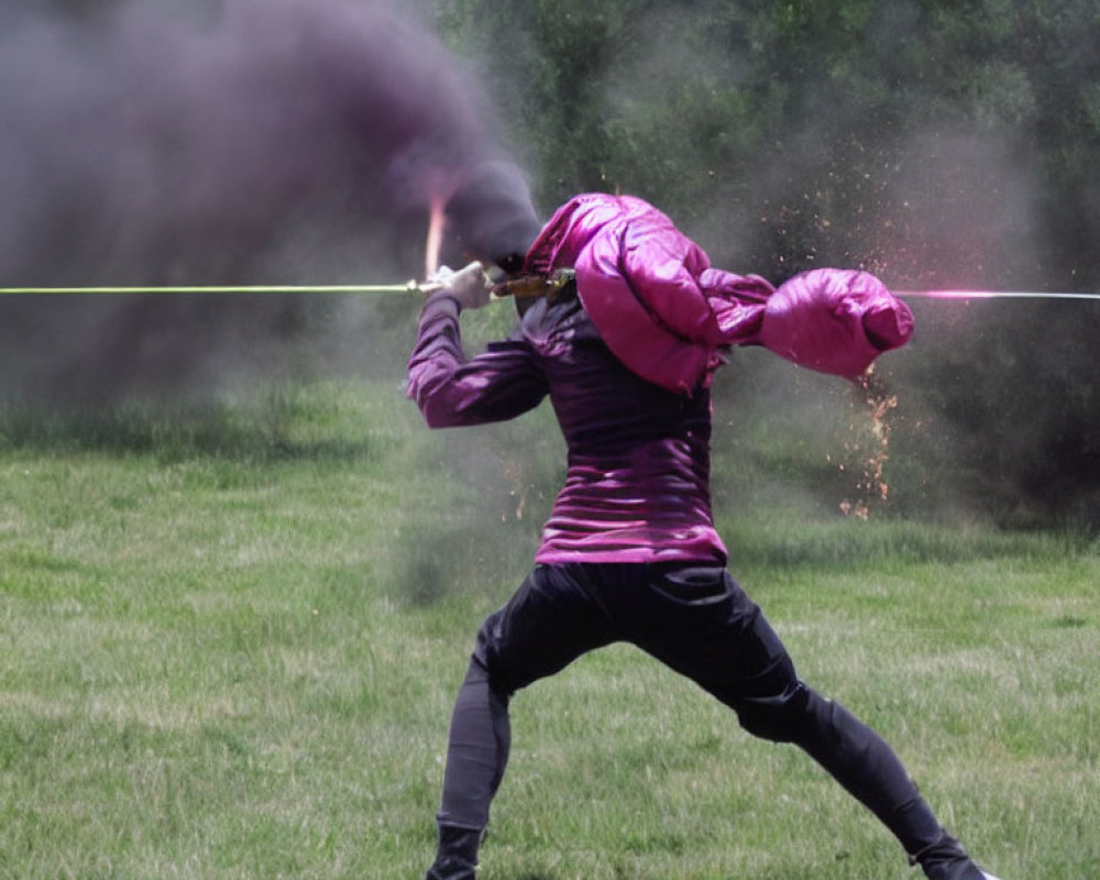 Purple jacket person ignites Roman candle firework with sparks and smoke.