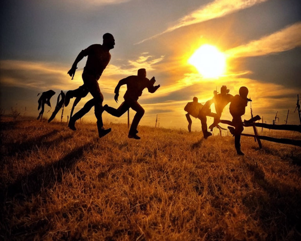 Silhouettes of people running in sunset field with dynamic poses