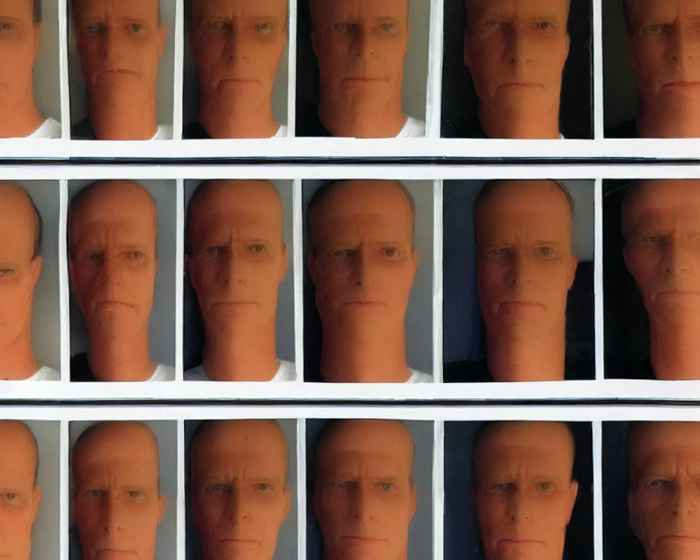 Shelves of Neutral Male Mannequin Heads Displayed in Rows