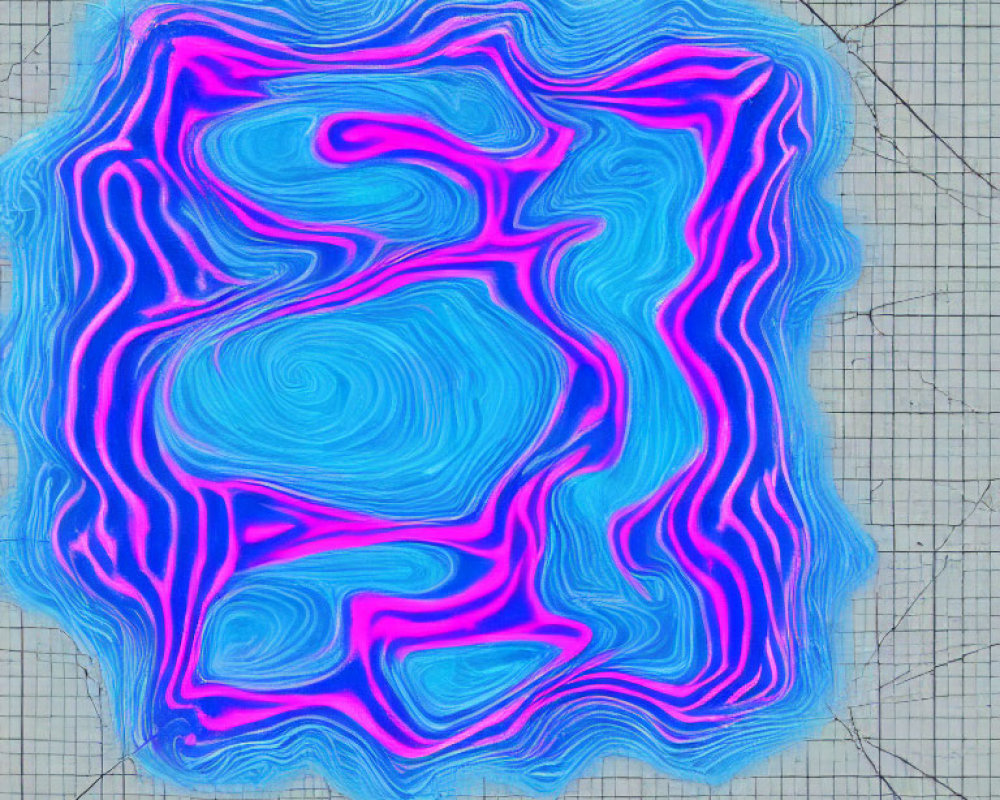 Abstract Neon Blue and Pink Squiggly Lines on Graph Paper Background