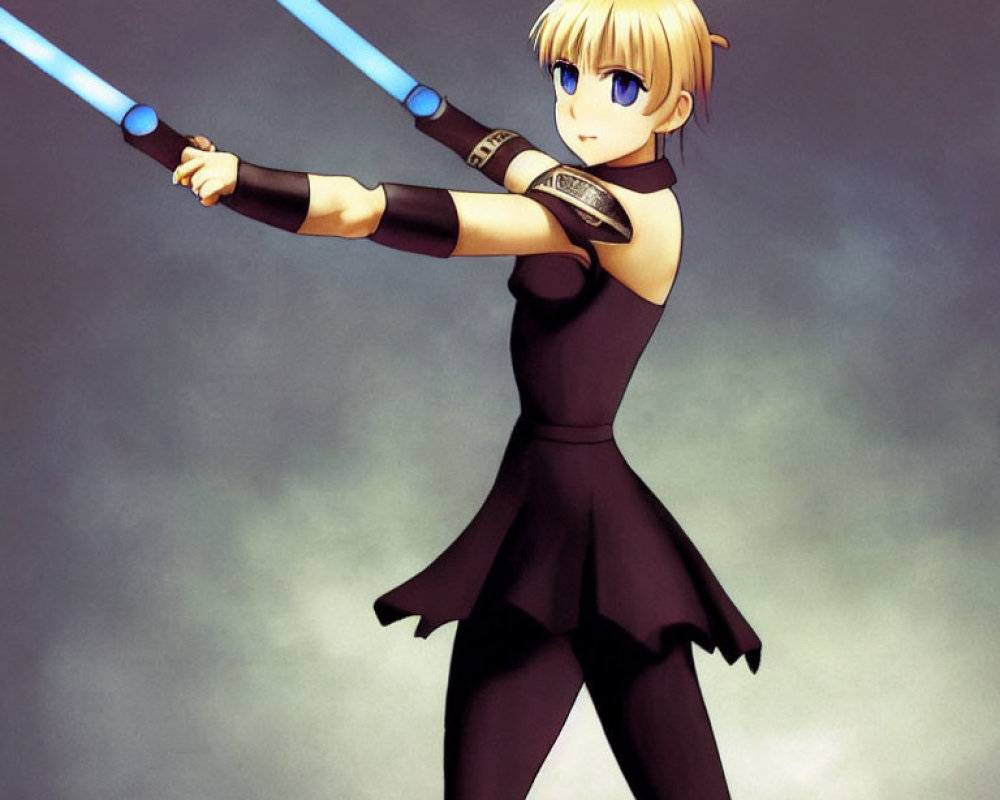 Blonde Anime Girl in Black Dress with Blue Lightsabers