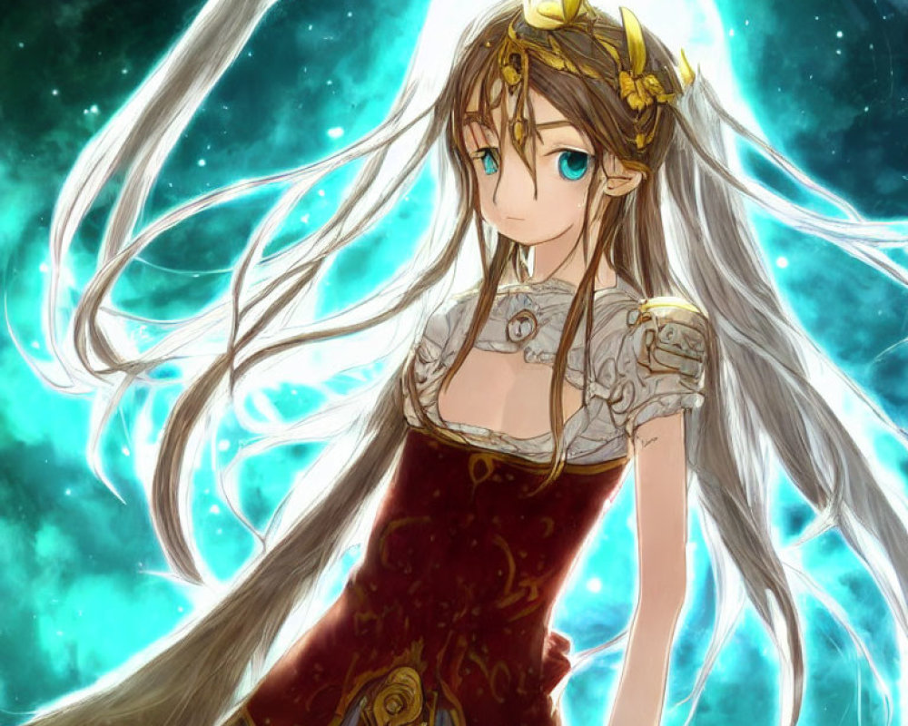 Animated female character in red and gold dress with tiara against starry backdrop