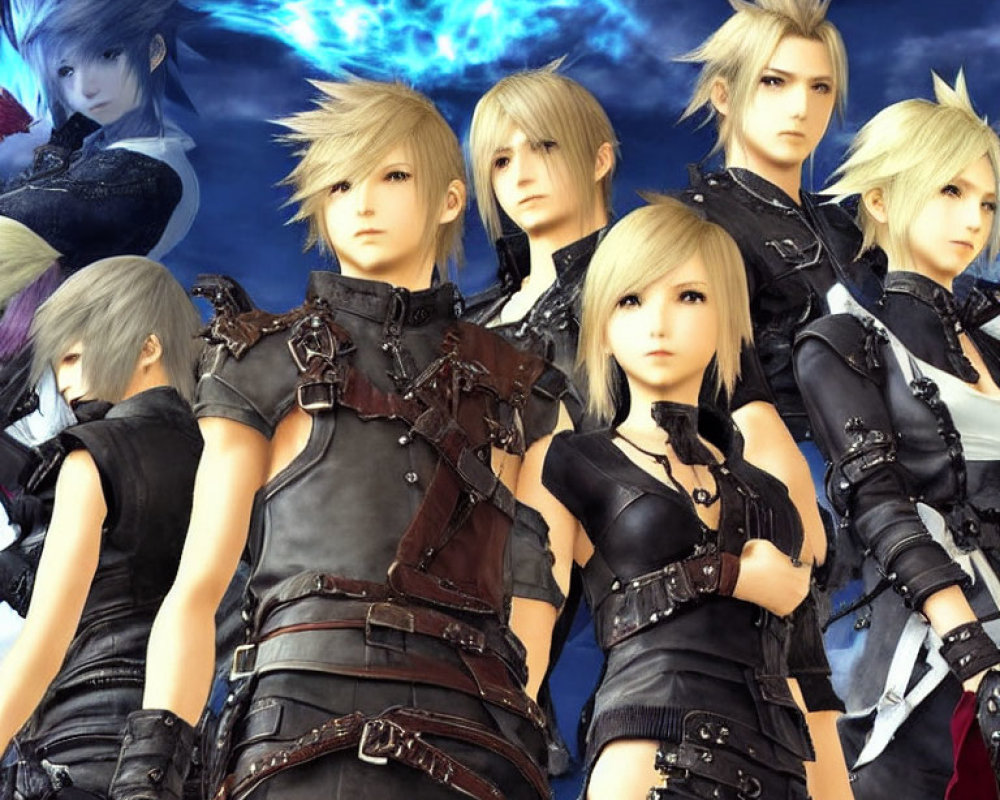 Animated characters with unique hairstyles and leather outfits posing heroically with blue energy orb